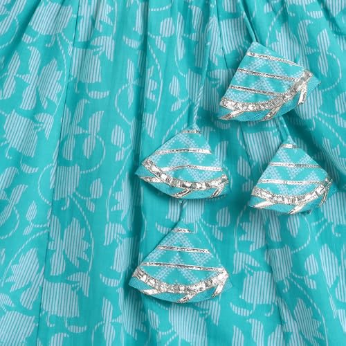 Hopscotch Girls Short Sleeves Blue 3-Pc Gota Lace Lehenga Set For Age (4-5 Years)