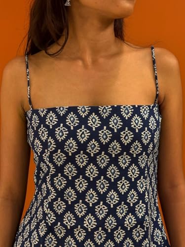 Nishorama Short Nihaala Women's Cotton Halter Neck Corset Kurti, Navy Blue Block Print, Sleeveless Backless Design with Criss-Cross Detail