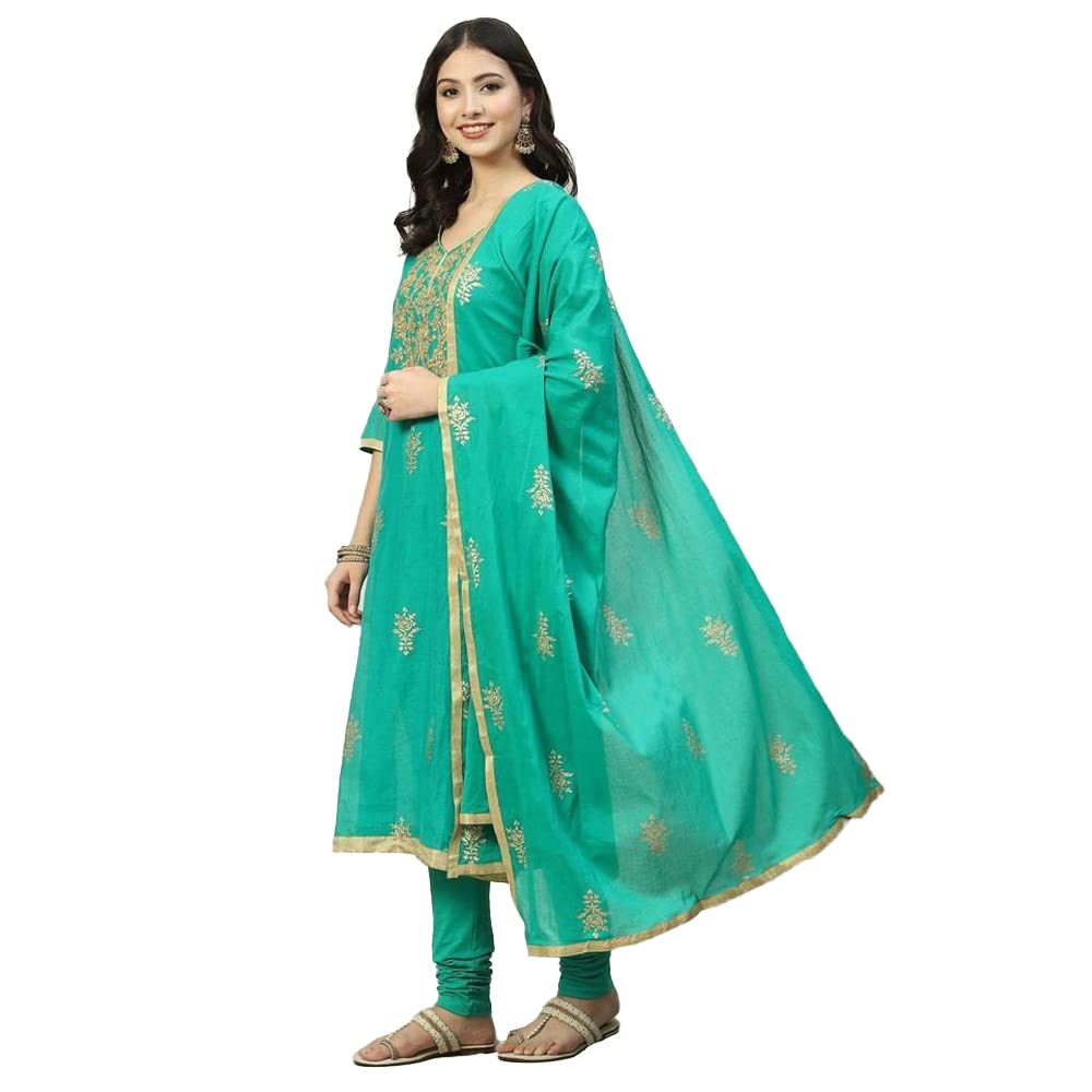 BIBA Cotton Women Printed Fitted Salwar Kurta Dupatta(Skdassorted7716_Green_36)