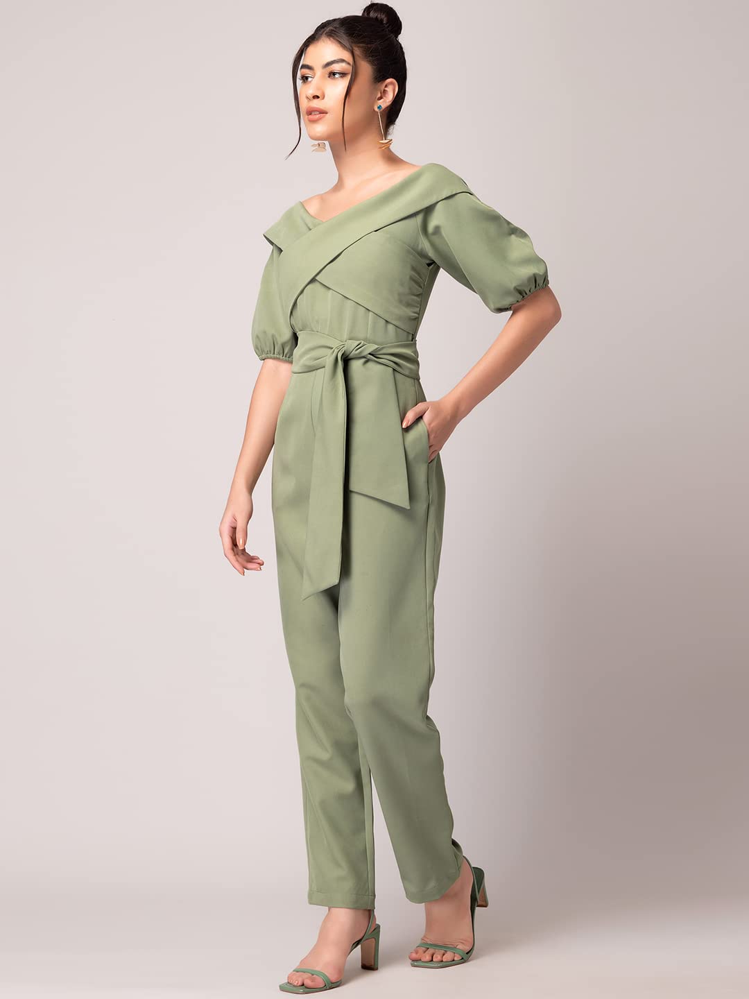 Faballey Light Green Drop Shoulder Front Tie Jumpsuit