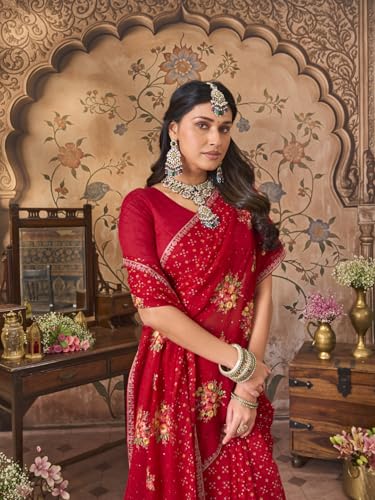 Laxmipati Monaco Embellished Floral Embroidered Chiffon Saree in Red Color