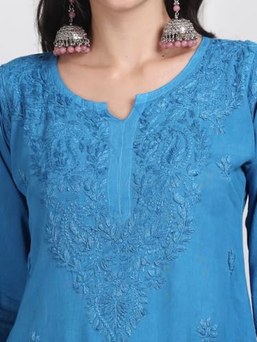 Fashion Chikan Art Women's Lucknowi Chikankari Hand-Embroidered Rayon Dyed Kurta, Palazzo & Dupatta 3-Piece Set | Festive, Ethnic & Causal Suit(2XL, Blue)