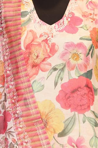 W for Woman Pink Floral Printed Straight Kurta with Pant and Dupatta Set - (WS13073-126328-M)
