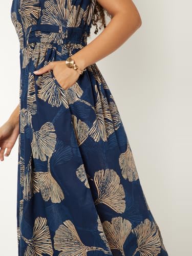 Max Women Printed A-line Midi Dress (Blue_XL)