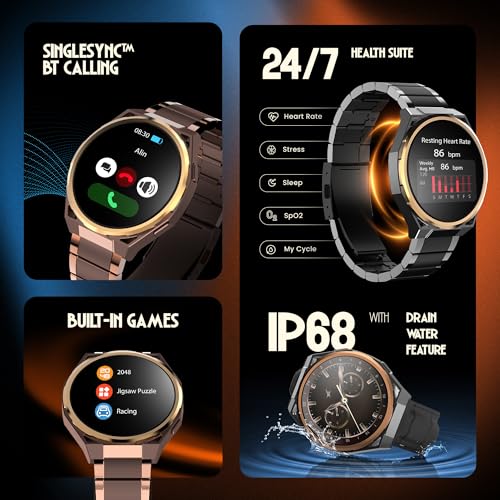 Fastrack Marvellous FX3 Smartwatch with 1.43” AMOLED Display, Metal Case & Strap, Slim 10.4mm Design, AI Watchfaces, BT Calling, HRM, SpO2 & Sleep Tracking, IP68, Additional Silicone Strap - Black