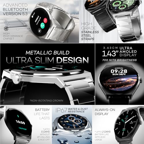 Pebble Royale Steel Luxury Metal Smartwatch | Ultra-Slim Stainless Steel Body, 1.43” Ultra AMOLED Display, Always-On Display, Bluetooth Calling, DIY Watch Faces (Black)