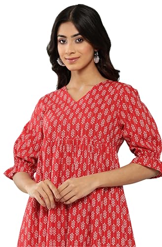 Janasya Women's Red Cotton Ethnic Motifs Printed Flared Dress(JNE4200-DR-XL)