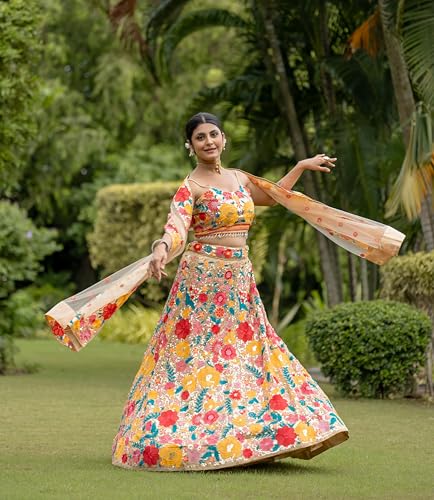 AG Clothing Women's Georgette Semi Stitched Lehenga Choli With Dupatta | Thread And Sequin Embroidery Pattern | Traditional, Wedding, Ethnic Wear Lehenga (AD-324eli-Beige)
