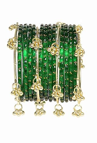 शर्मा फैशन शॉप Kashmiri Ghangharoo Glass Bangle Set for Women| Light Weight Bangles | Traditional Transparent Fancy Glass Chudi Set for Wedding, Party| set of 16_Green_2.6