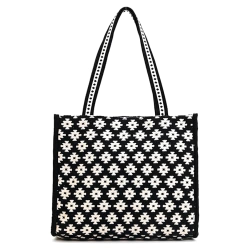 Boho Girl Black Jacquard Bliss Tote | Black Aztec Printed Canvas Tote Bag | Geometric Printed Handbag for Women