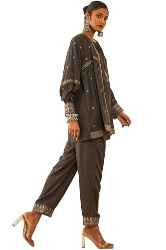 Soch Womens Charcoal Rayon Slub Three-Piece Co-Ord Set with Thread Work