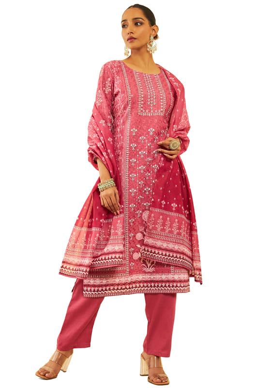 Soch Womens Onion Pink Cotton Blend Print With Embroidered Suit Set With Schiffli