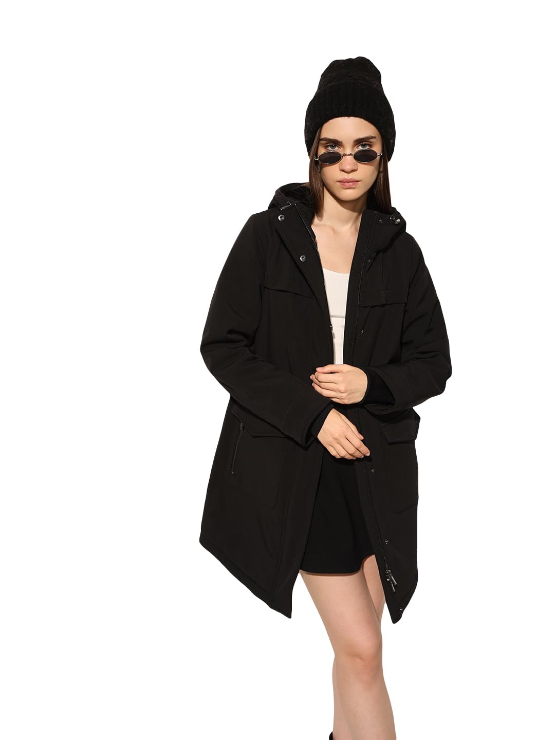 ONLY Women's Solid Regular Fit Black Coat