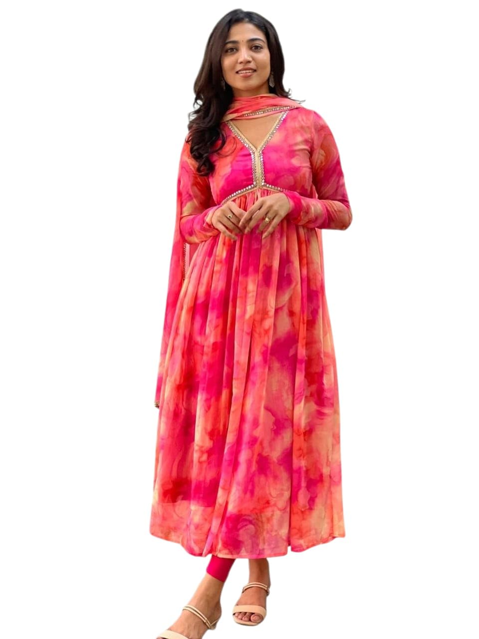 KD Women's Anarkali Floral Printed Georgette Kurta Pant Set with Dupatta (Pink, L)