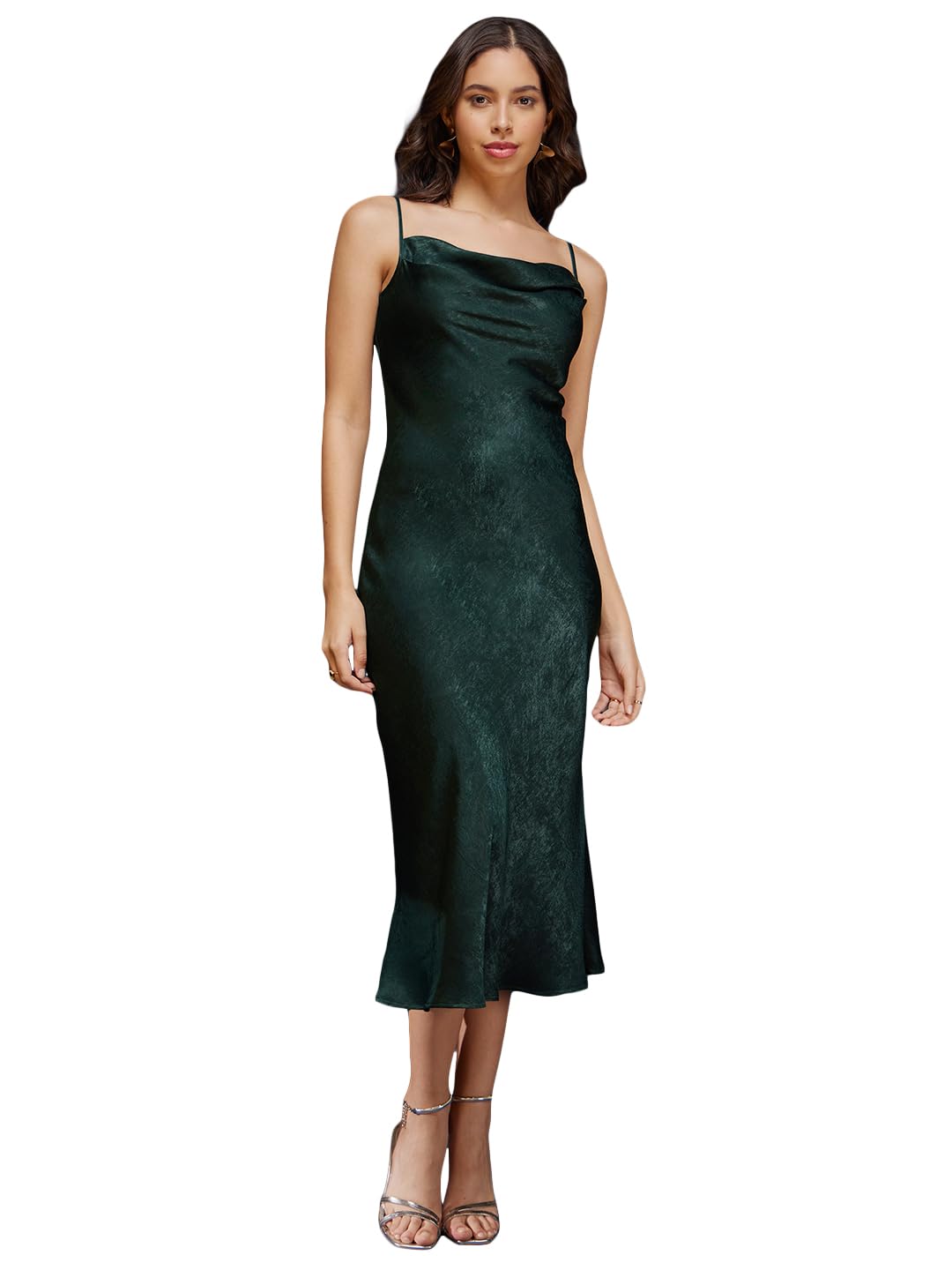 FableStreet Women Satin Cowl Neck Slip Sheath Dress - Olive (Fsdr1105Btgr-S, Calf Length)
