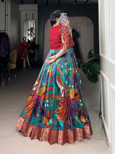 Yana fab Traditional Kalamkari Print Gown with Weaving Work (Firozi)