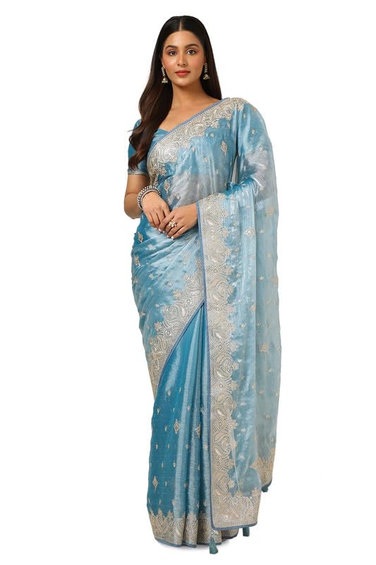 Soch Womens Powder Blue Organza Embroidered Saree With Stone Work