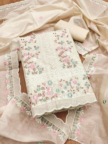 Leeli Peeri Designer Women's Chanderi Cotton Embroidery Work Unstitched Salwar Suit Dress Material