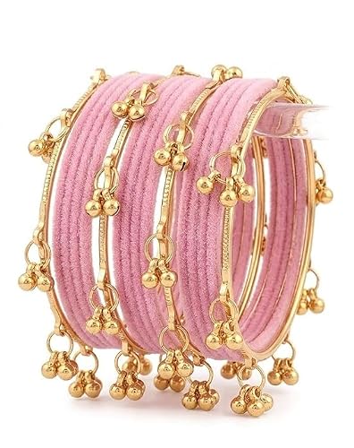KAYASHA Woman's BABY PINK Designer Silk Thread Bangles Set with Ghungroo|Traditional Ethnic Bangles Set for Women|Wedding, Festival & Party bangles|Set of 16 (12 Thread Bangles + 4 Ghungroo Bangles)