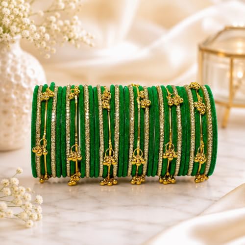 VRINIK Designer Velvet Glass Bangles for Women | Traditional Kashmiri Ghungroo & Golden Stone Bangle Set | Bridal Chudi for Wedding, Festivals, Karwa Chauth, Teej, Navratri|Luxury Gifts
