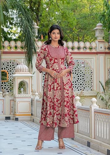 Yash Gallery Women's Polyester Calf Length Regular Fitted 3/4th Sleeve Floral Printed Anarkali Kurta with Zig-Zag Printed Pant & Dupatta (Maroon, 7XL)