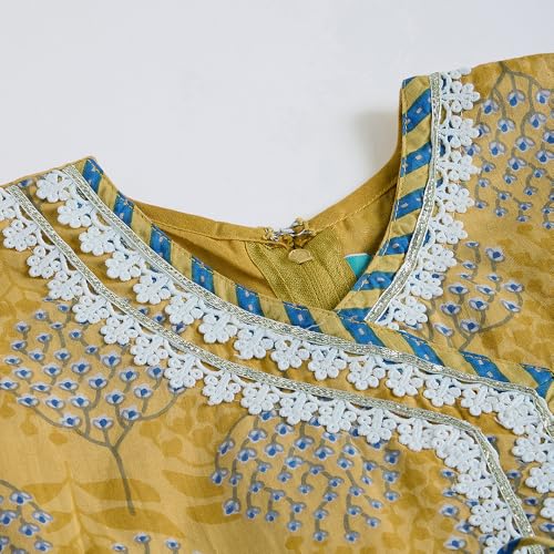 Hopscotch Girls Mustard Full Sleeves Lace Embellished Cambric Dress for Age (4-5 Years)