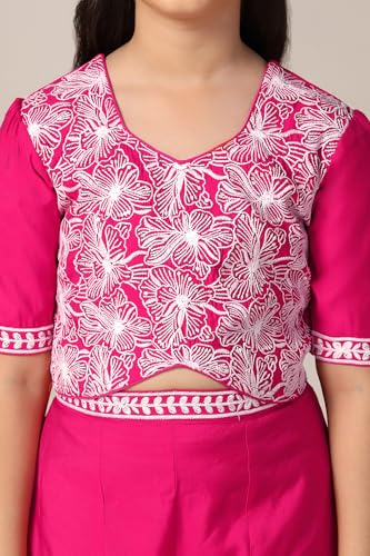 Fashion Dream Girl's Silk Blend Ethnic Top and Palazzo Set |Kids Salwar Suit Set|Embroidered Suit for Girls|Indo Western Set (FDGSET00226 PNK 24_Pink_5-6 Years)