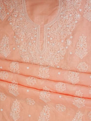 Ada Hand Embroidered Lucknowi Chikankari Unstitched Cotton Dress Material Suit Piece with Dupatta for Women 01A790900 Peach