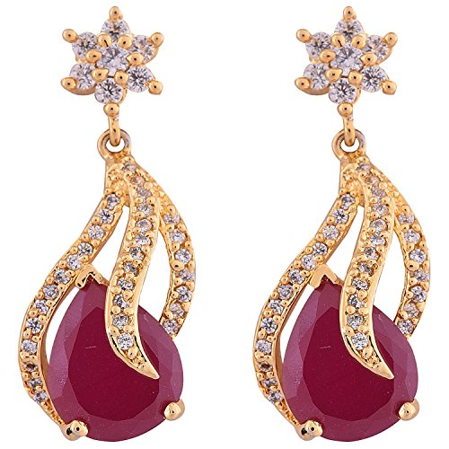 RATNAVALI JEWELS Red American Diamond Traditional Ruby Necklace Pendant Set with Earring for Women