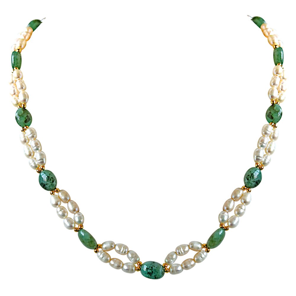 Surat Diamonds Real Natural Oval Emerald, Rice Pearl & Gold Plated Beads Necklace & Earring Set for Women (SN681)