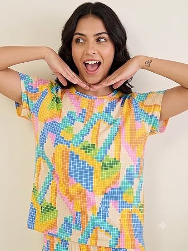 HEY FUN Women's Pixel Pattern Co Ord Set Soft Comfortable Matching Top and Bottom Casual Lounge Wear Relaxed Fit Stylish Printed Two Piece Outfit for Home Wear Daily Wear Travel and Sleepwear (L)