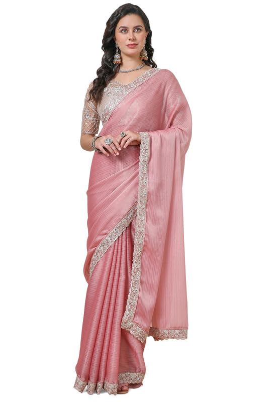 Soch Womens Blush Pink Chiffon Striped Saree with Zardosi Border