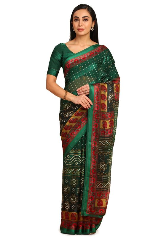 Soch Womens Green Chiffon Bandhani Print Saree