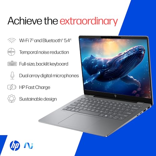 HP OmniBook 7 OLED, Intel Core Ultra 7 255H (32GB LPDDR5,1TB SSD), 3K, 0.2 ms, Micro-Edge, 14''/35.6cm, Win 11, M365, Office 24, Meteor Silver,1.5kg, fr0116TU, 5MP Camera w/Shutter, Backlit AI Laptop