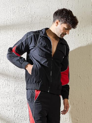 FUGAZEE Black & Red Crinkle Windbreaker Jacket for Men | Reflective Piping | Turtle Neck | Zipped Closure | Lightweight Polyester | Stylish Cut & Sew Design - XXL