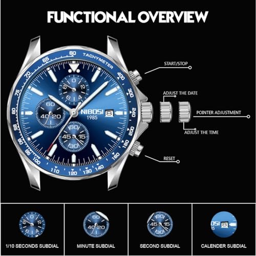NIBOSI Chronograph Quartz Premium Classic Wrist Watches for Men, Formal Stainless Steel Metal Chain Men’s Watch with Date and Luminous Function Gift for Men (Silver-Blue)
