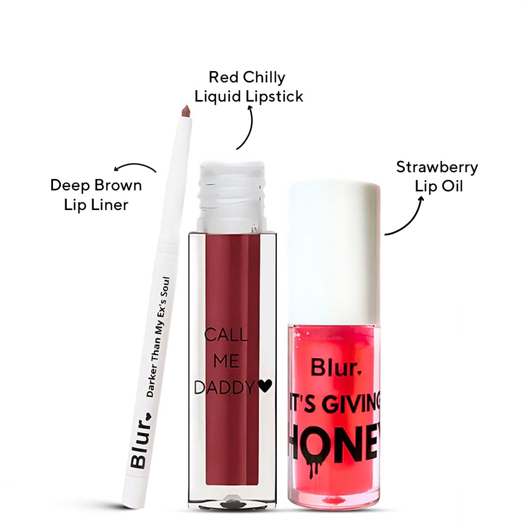 Blur India PERFECT Red Hot Lip kit | Liquid Lipstick, Lip Oil, Lip Liner | Hydrating, Long-Lasting, Vegan Formula | Super-Moisturizing & Pigmented AF