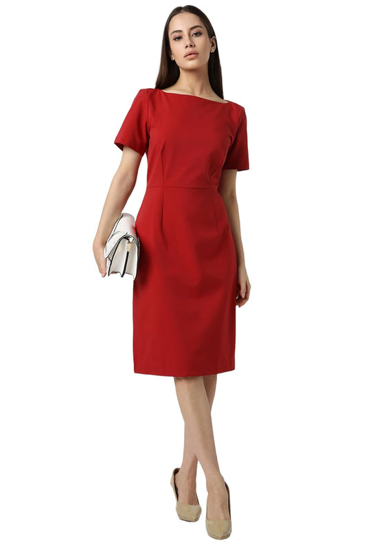Van Heusen Women's Polyester Blend Modern Knee Length Dress (Vwdrfrgft16804_Red M