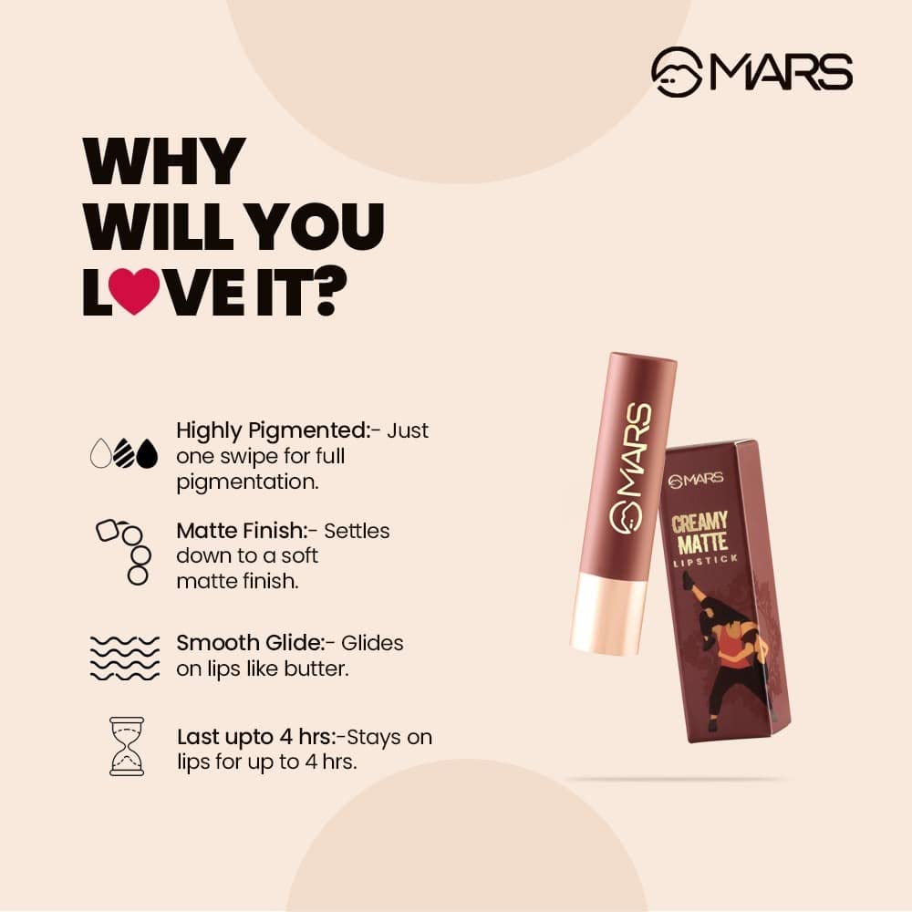 MARS Creamy Matte Long Lasting Lipstick for Women | Creamy Lipstick | Single Swipe Application | Smooth & Light Weight (3.2 gm) (12-Khoobsurat Kuchipudi)