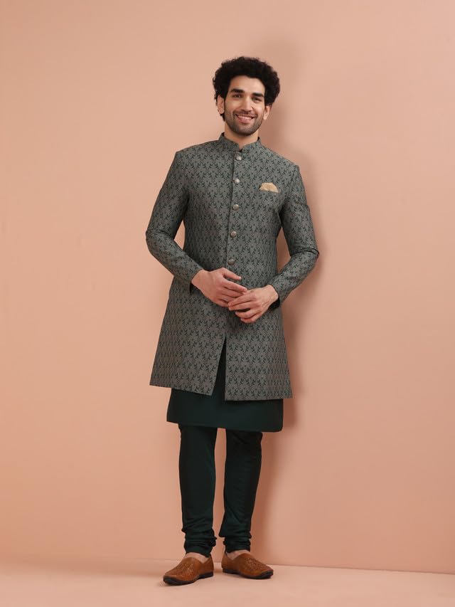 KISAH Men Grey Jacquard Kurta Indowestern Sherwani Churidar Set with Floral, 38