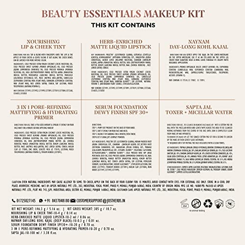 Just Herbs Makeup Kit for Women with Kohl Kajal, 3 in 1 Primer, Liquid Lipstick, Serum Foundation, Saptajal Toner and Lip & Cheeck Tint (Gift Set)