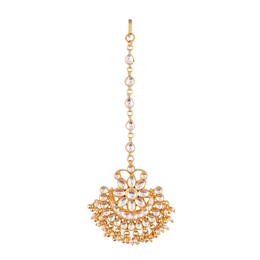 ACCESSHER Traditional White Jadau Kundan and Pearl Chaandbali Style Maang Tika for Women