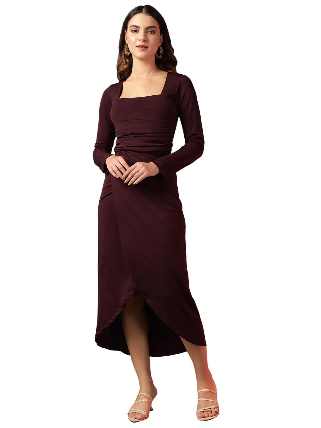 Trend Arrest.ed Women's Bodycon Midi Dress | Square Neck Wrap Style | Stretchable | Plus Size | Full Sleeve Fitted Dress for Party, Evening, Casual Outings & Date Night (D5393_Burgundy_4XL)