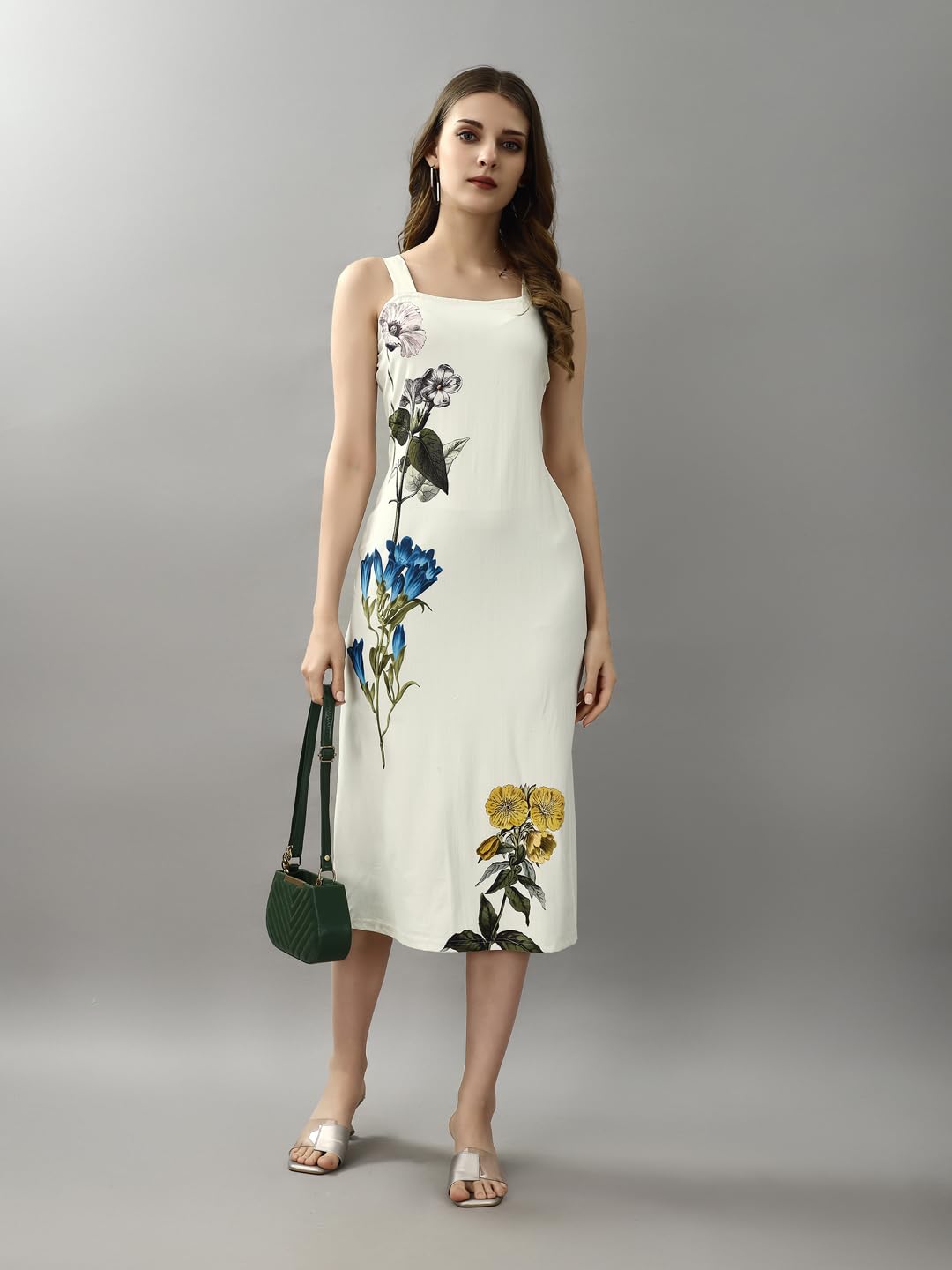 Attire Empire Women White Floral Print Split Hem Back Cami Dress