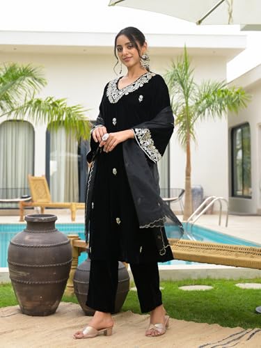 Divena Floral Embroidered Regular Zardozi Velvet Kurta with Trousers & Dupatta
