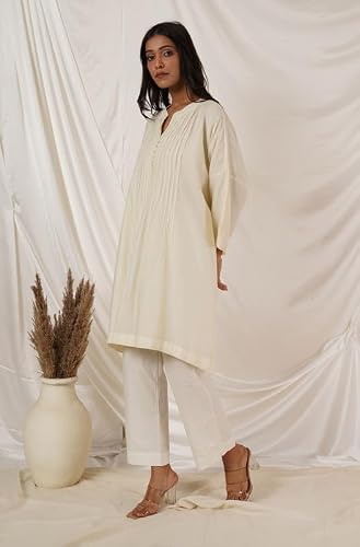 TANYA BERRY Cotton Tunic Coord Elegant Women's Dress - Stylish A-Line Midi Dress with Floral Print, Perfect for Parties, Weddings, & Special Occasions Off-White Colour Set of 2 (Size X-Large) 176