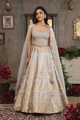 BIBA Women Light Blue Cotton Kalidar Dyed Lehenga Set_38