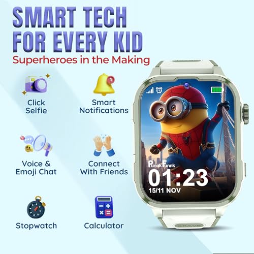PunnkFunnk Safeguard 5G/4G Kids Smart Watch with SIM Calling, GPS Tracker, Video Call, SOS Alerts, Face Unlock, Games, IP67, 800mAh Battery, Voice Chat, Maps(Olive Green)