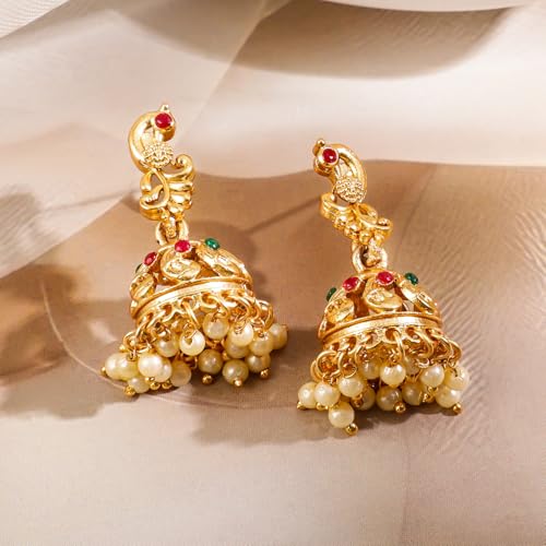 Rubans 22k Gold-Plated Red & Green Stone Studded Handcrafted Traditional Temple Jewellery Set For Women