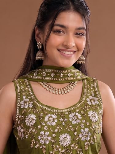 Varanga Women Red A Line Kurta Set Round Neck Sleeveless Chinon Embroidered